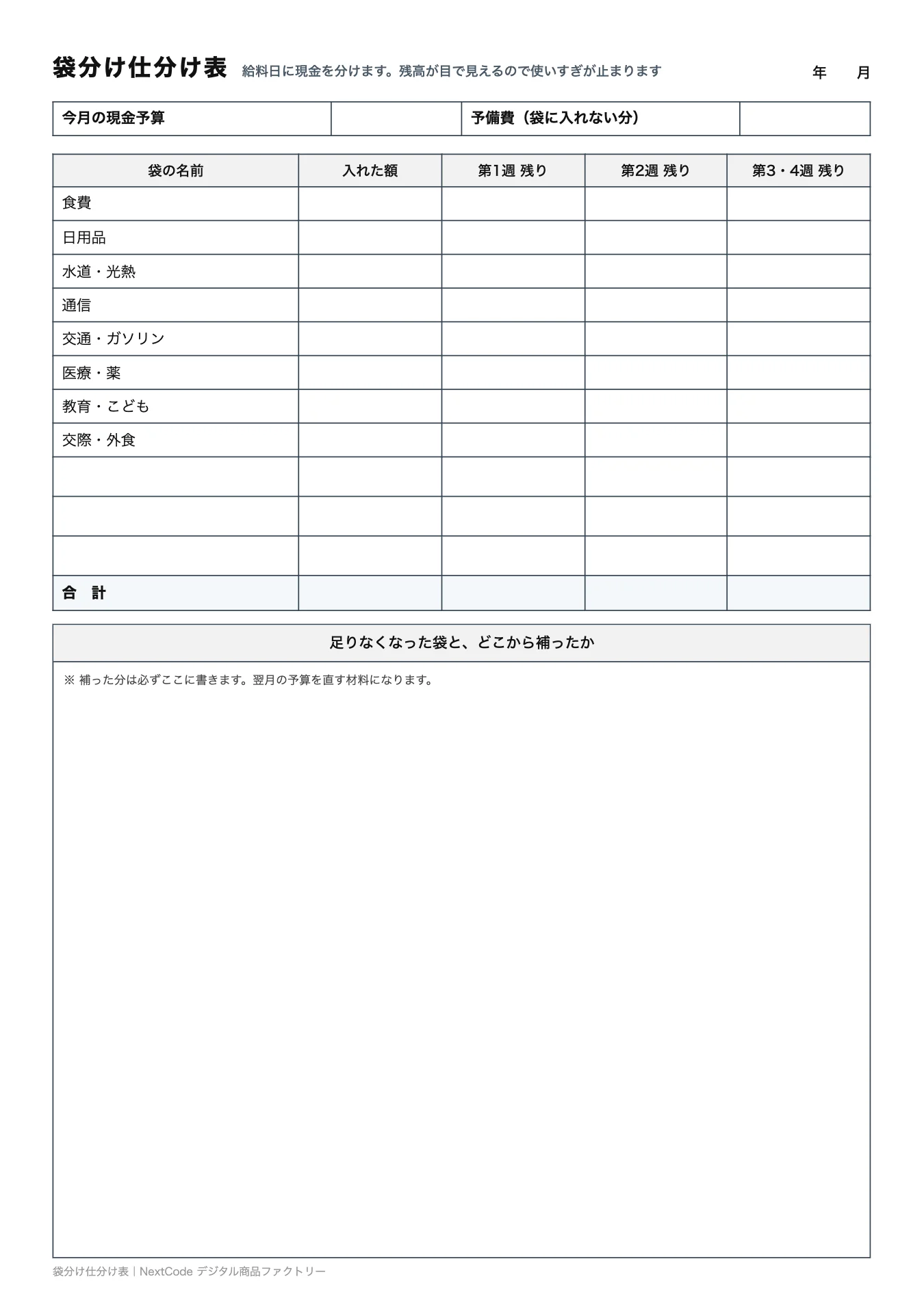 袋分け仕分け表