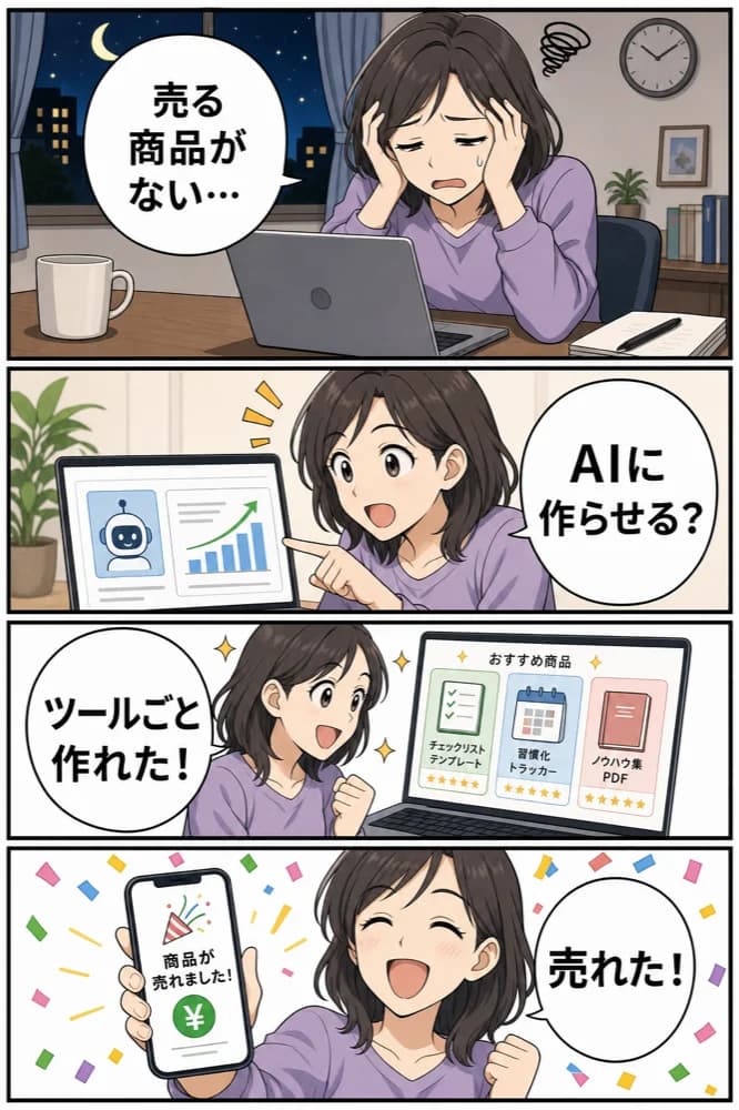 売る商品がない人がClaudeでツールごと作り、商品が売れるまでの4コマ漫画